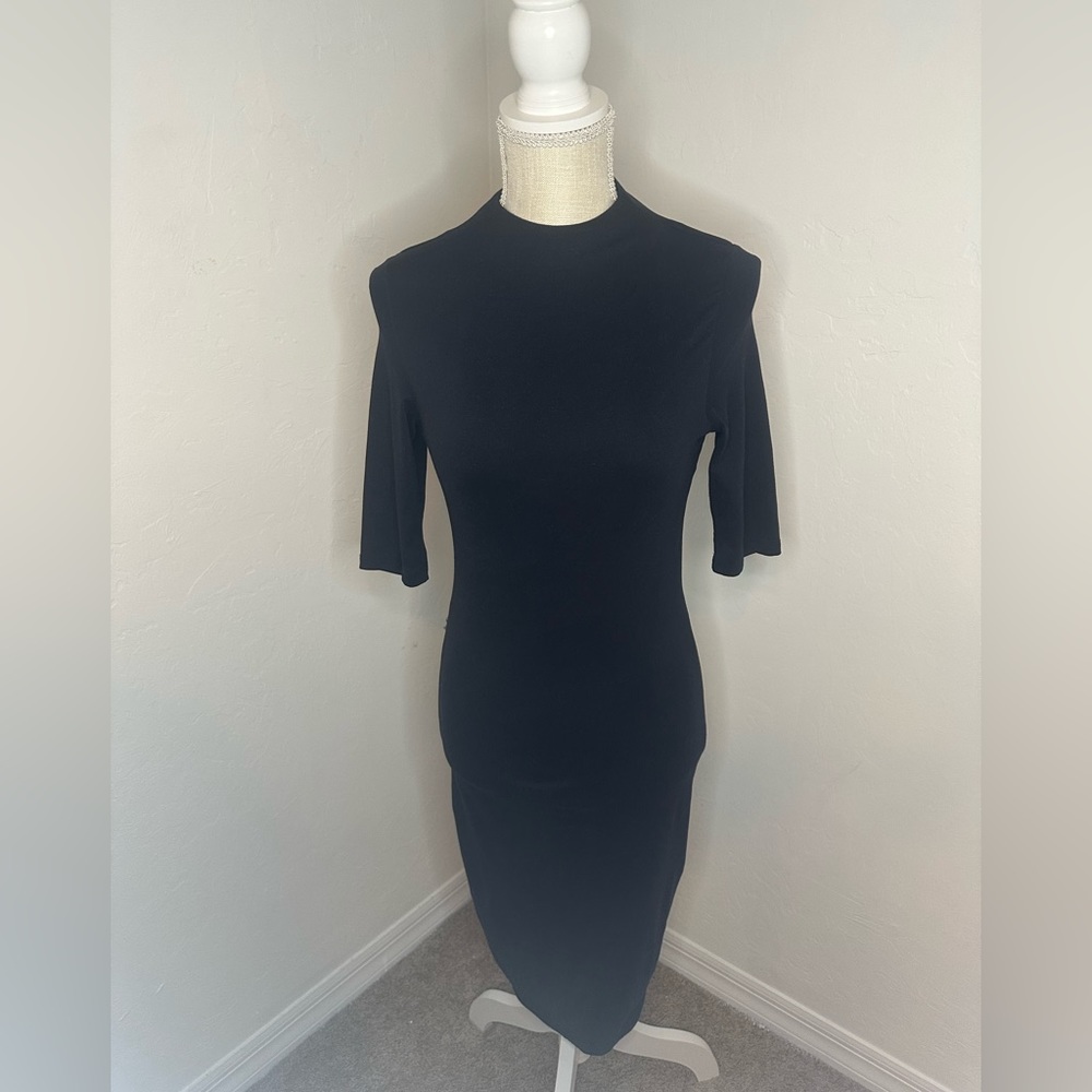 Dark navy blue mock neck body con midi dress size S